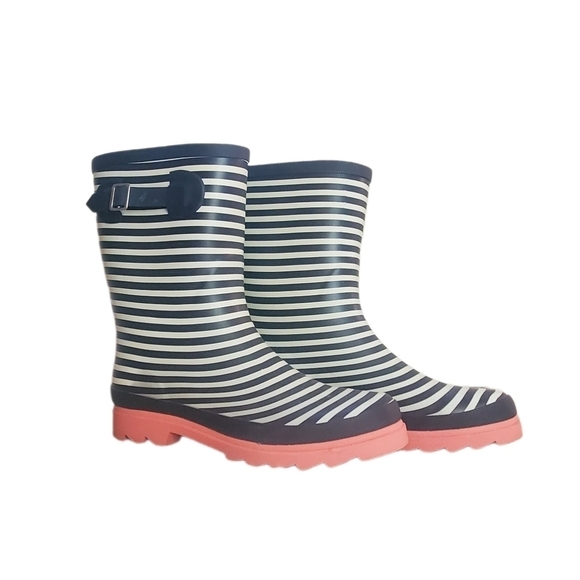 JOURNEE COLLECTION "Settle" Rain Boot in Stripped Black & Cream with Coral Sole - Picture 2 of 16